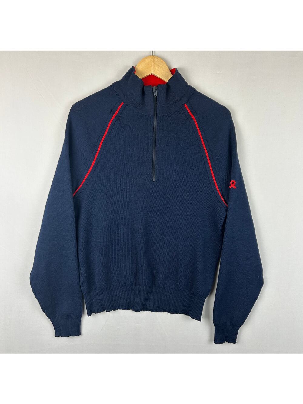 Demetre 1/4 Zip Pullover Sweater 100% Virgin Wool Blue Made in USA Men's Size L